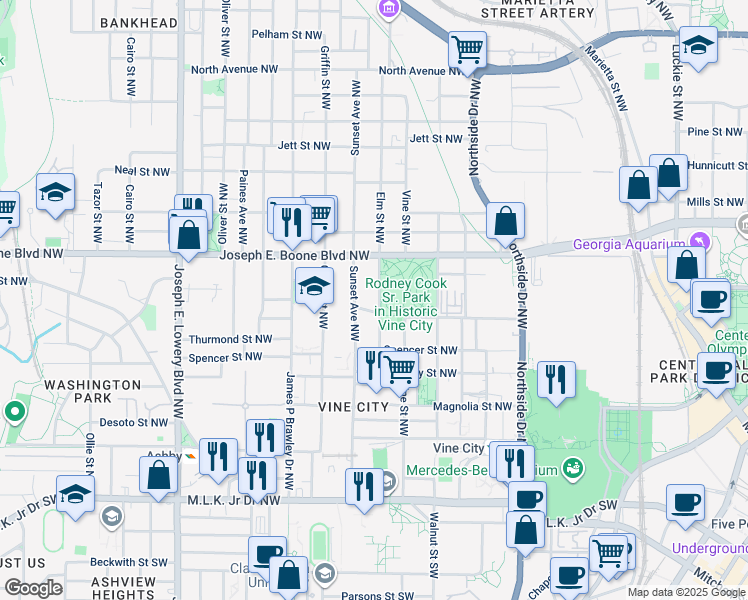 map of restaurants, bars, coffee shops, grocery stores, and more near 260 Elm Street Northwest in Atlanta