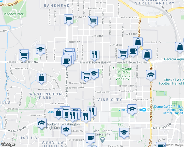 map of restaurants, bars, coffee shops, grocery stores, and more near Pond Street Northwest in Atlanta