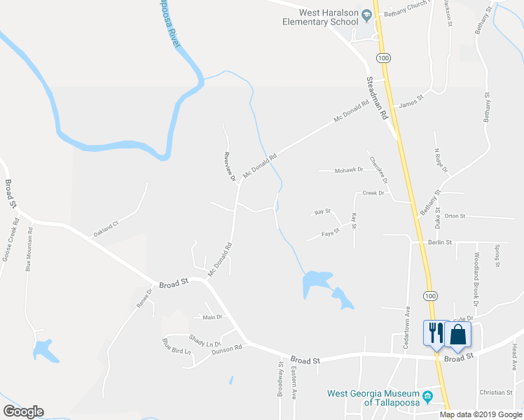 map of restaurants, bars, coffee shops, grocery stores, and more near 50 Woodstream Drive in Tallapoosa