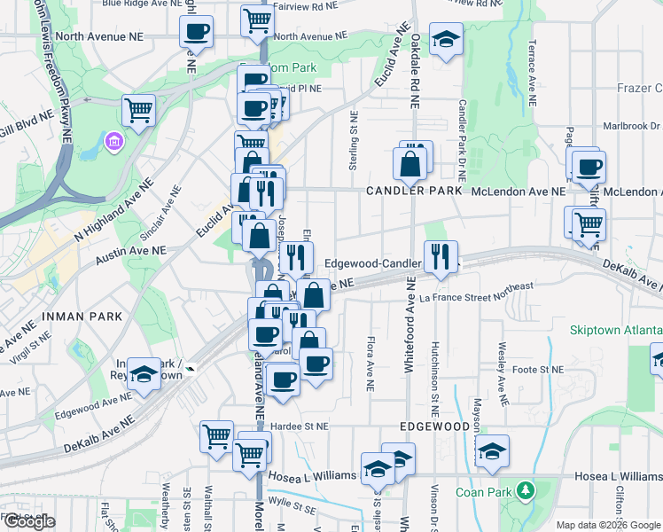 map of restaurants, bars, coffee shops, grocery stores, and more near 1258 DeKalb Avenue Northeast in Atlanta