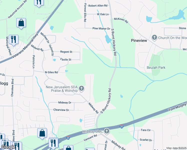 map of restaurants, bars, coffee shops, grocery stores, and more near 1620 Nutmeg Street in Douglasville