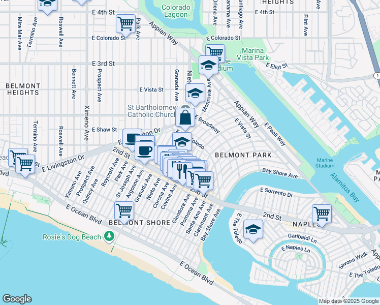 map of restaurants, bars, coffee shops, grocery stores, and more near 245 Covina Avenue in Long Beach