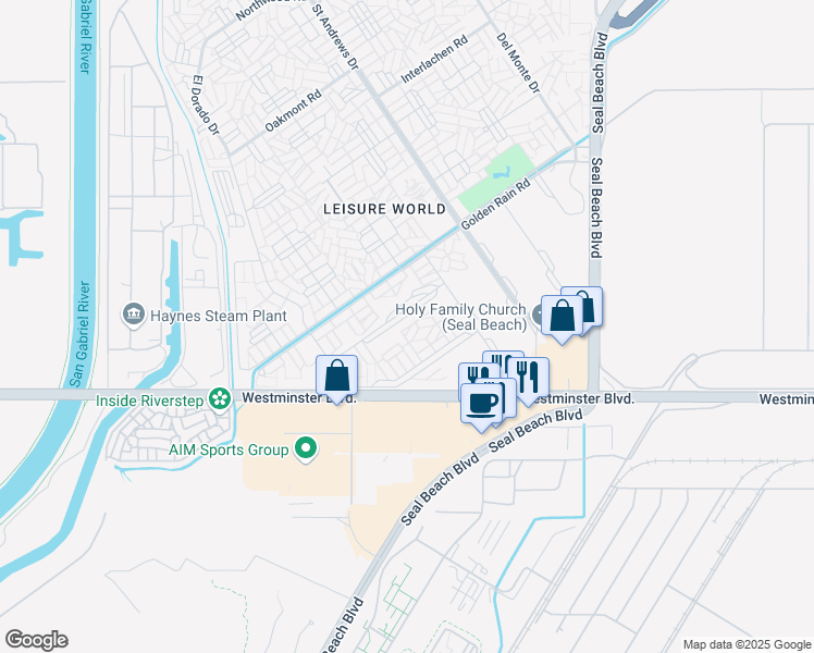map of restaurants, bars, coffee shops, grocery stores, and more near Merion Way in Seal Beach