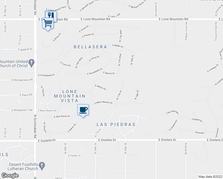 map of restaurants, bars, coffee shops, grocery stores, and more near 7699 East Milton Drive in Scottsdale