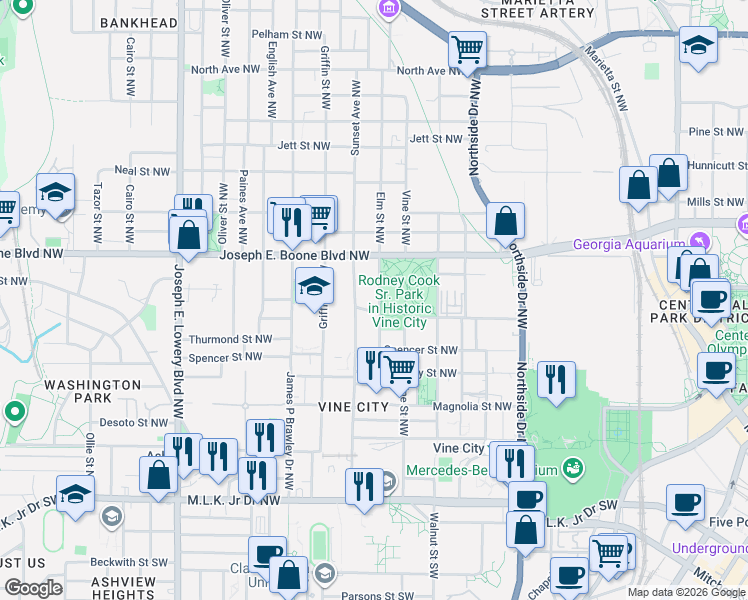 map of restaurants, bars, coffee shops, grocery stores, and more near 265 Sunset Avenue Northwest in Atlanta