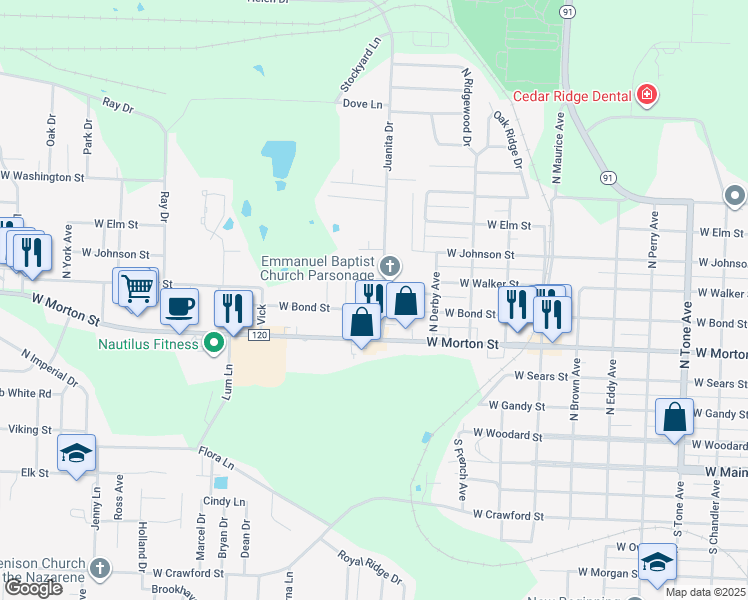 map of restaurants, bars, coffee shops, grocery stores, and more near 1911 West Bond Street in Denison