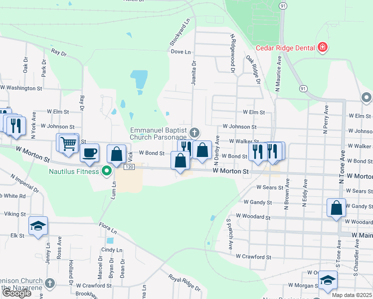 map of restaurants, bars, coffee shops, grocery stores, and more near 1911 West Bond Street in Denison