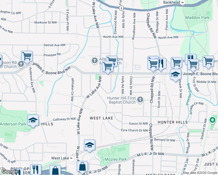 map of restaurants, bars, coffee shops, grocery stores, and more near 252 West Lake Drive Northwest in Atlanta