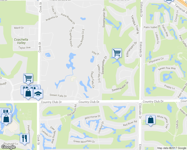 map of restaurants, bars, coffee shops, grocery stores, and more near 182 Desert Falls Circle in Palm Desert