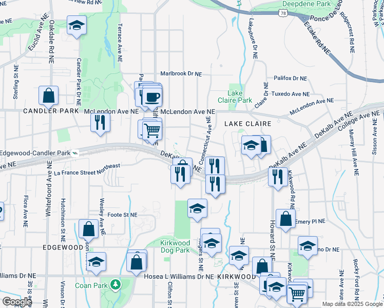 map of restaurants, bars, coffee shops, grocery stores, and more near 1761 New York Avenue Northeast in Atlanta