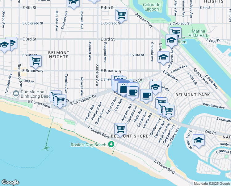 map of restaurants, bars, coffee shops, grocery stores, and more near 4701 2nd Street in Long Beach