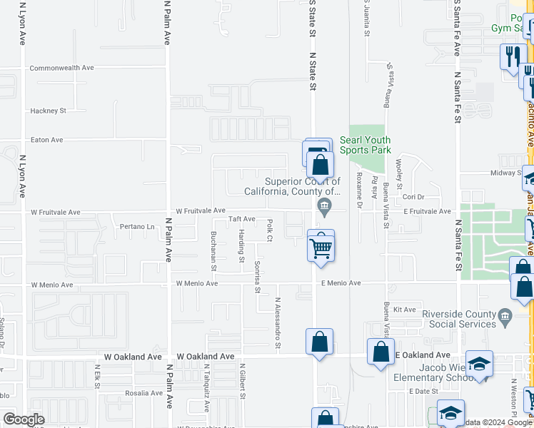 map of restaurants, bars, coffee shops, grocery stores, and more near 340 Taft Avenue in Hemet