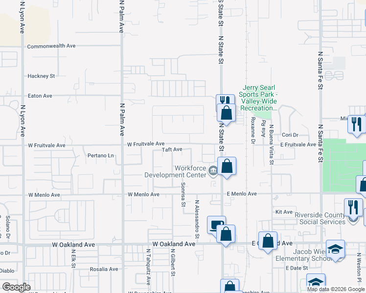 map of restaurants, bars, coffee shops, grocery stores, and more near 340 Taft Avenue in Hemet