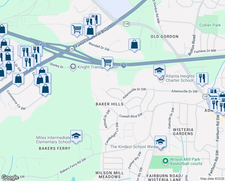 map of restaurants, bars, coffee shops, grocery stores, and more near 4054 Princeton Place Southwest in Atlanta
