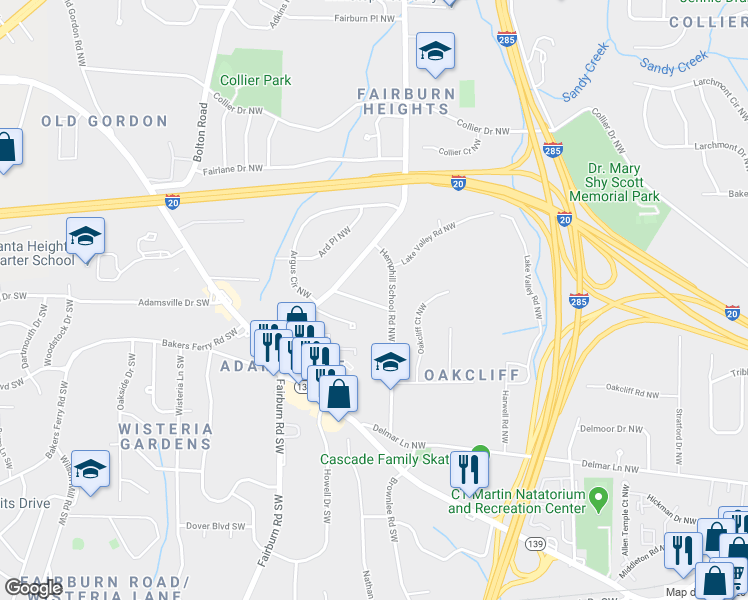 map of restaurants, bars, coffee shops, grocery stores, and more near 3479 Thompson Drive Northwest in Atlanta