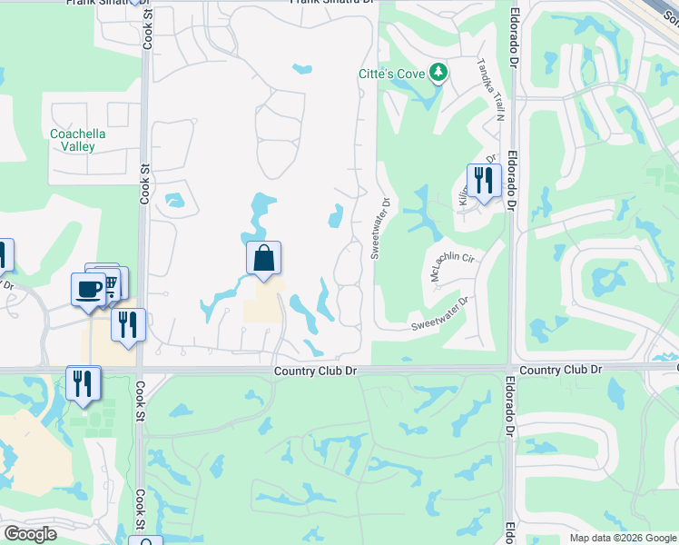 map of restaurants, bars, coffee shops, grocery stores, and more near 181 Desert Falls Circle in Palm Desert