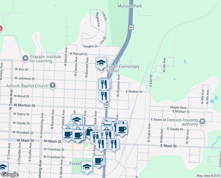 map of restaurants, bars, coffee shops, grocery stores, and more near 129 West Walker Street in Denison