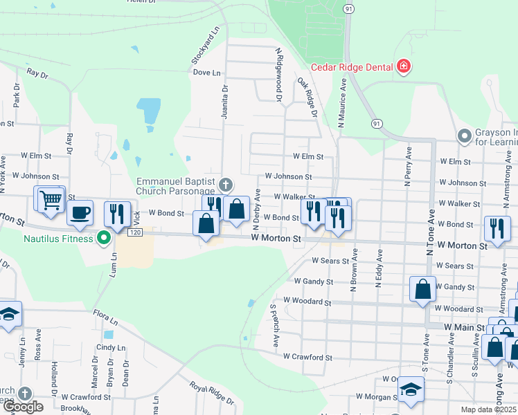 map of restaurants, bars, coffee shops, grocery stores, and more near 610 North Derby Avenue in Denison