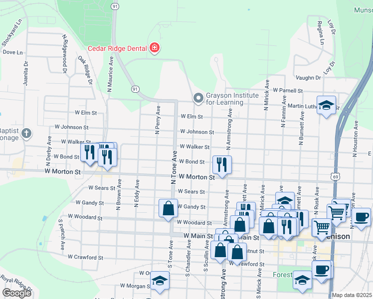 map of restaurants, bars, coffee shops, grocery stores, and more near 1002 West Walker Street in Denison