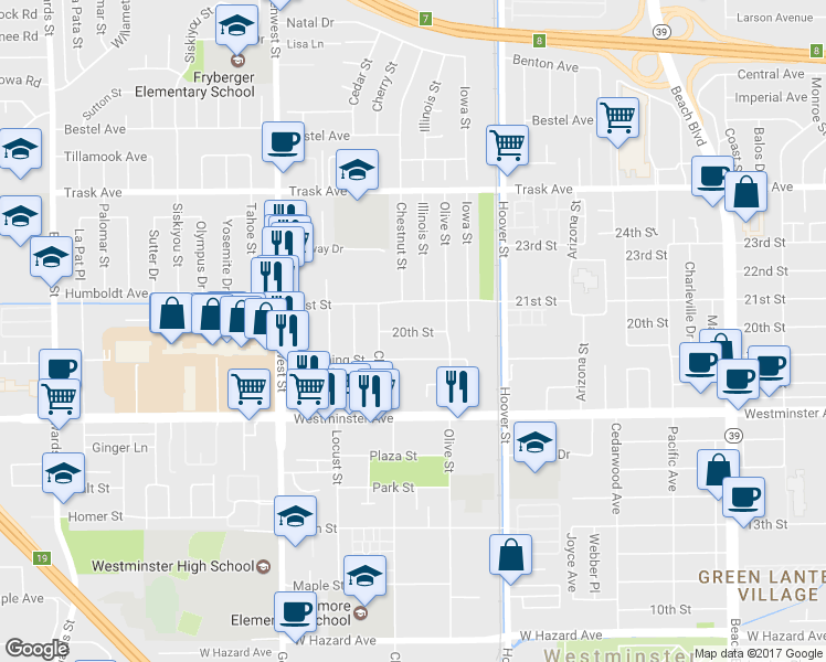 map of restaurants, bars, coffee shops, grocery stores, and more near 7271 20th Street in Westminster