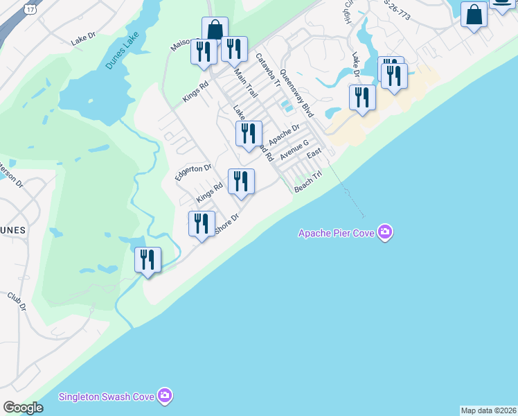 map of restaurants, bars, coffee shops, grocery stores, and more near 6500 Shore Drive in Myrtle Beach