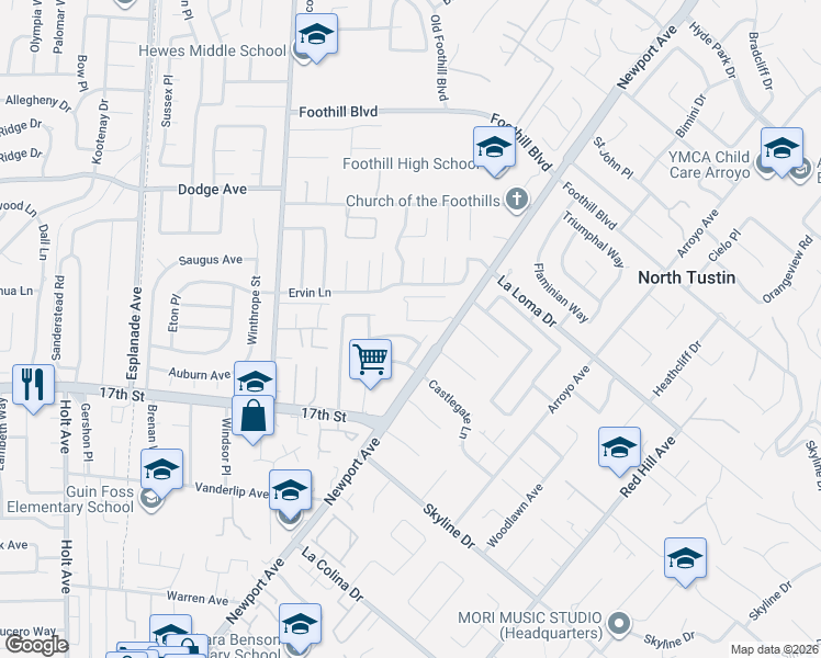 map of restaurants, bars, coffee shops, grocery stores, and more near 19041 Chadbourne Lane in Santa Ana