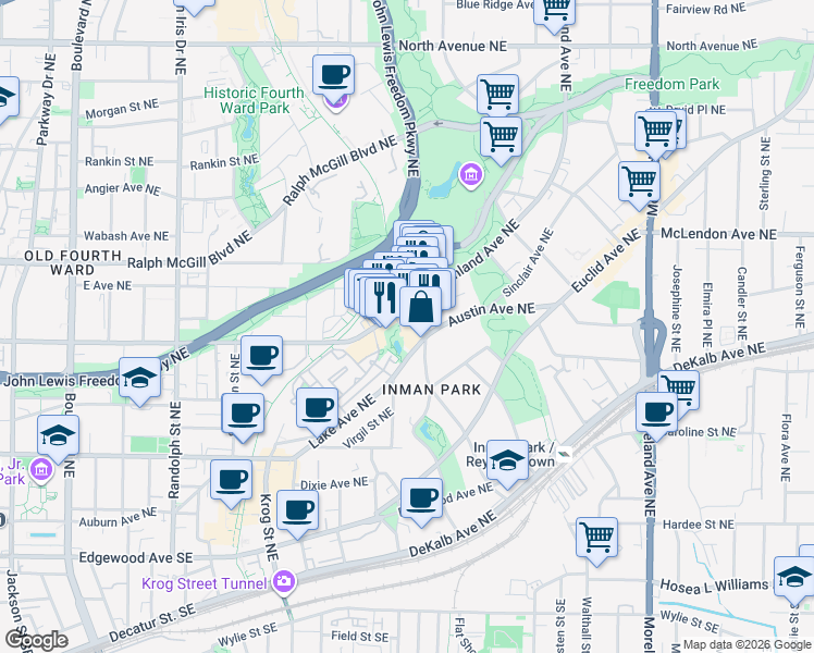 map of restaurants, bars, coffee shops, grocery stores, and more near 299 North Highland Avenue Northeast in Atlanta