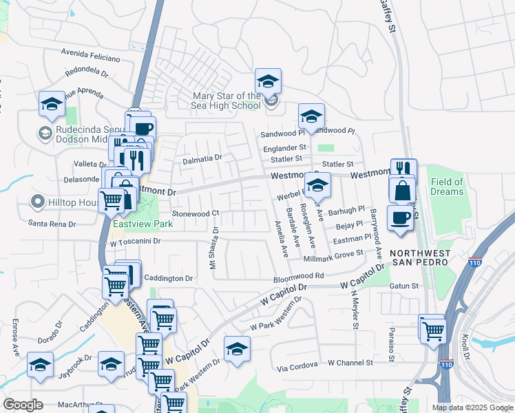 map of restaurants, bars, coffee shops, grocery stores, and more near 1984 Mount Shasta Drive in Los Angeles