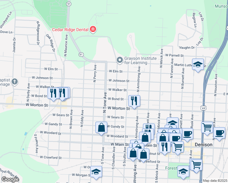 map of restaurants, bars, coffee shops, grocery stores, and more near 1002 West Walker Street in Denison