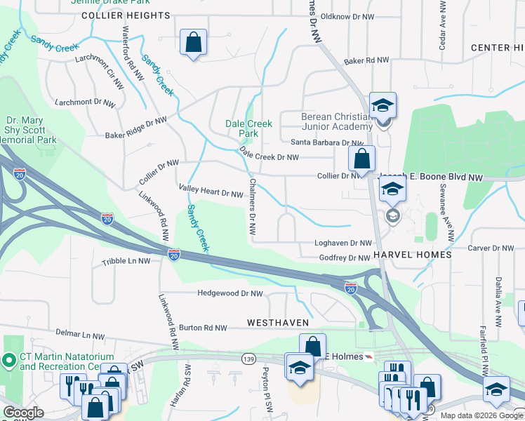 map of restaurants, bars, coffee shops, grocery stores, and more near 241 Chalmers Drive Northwest in Atlanta