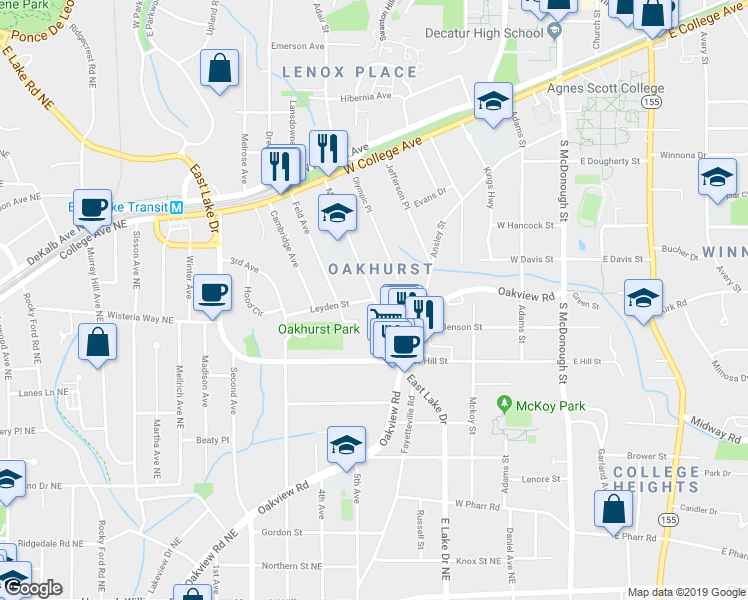 map of restaurants, bars, coffee shops, grocery stores, and more near 101 Leyden Street in Decatur
