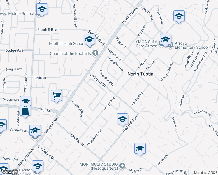 map of restaurants, bars, coffee shops, grocery stores, and more near 11672 Pincian Way in Santa Ana