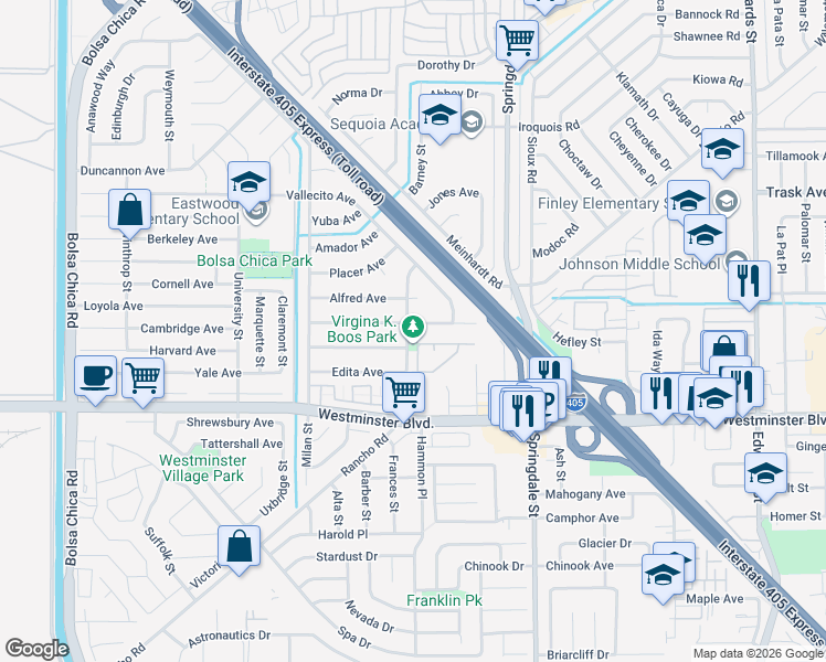 map of restaurants, bars, coffee shops, grocery stores, and more near 5752 Abraham Avenue in Westminster