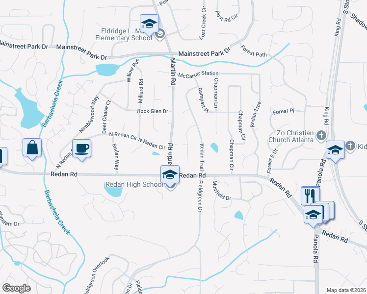 map of restaurants, bars, coffee shops, grocery stores, and more near 1096 Redan Trail Court in Stone Mountain