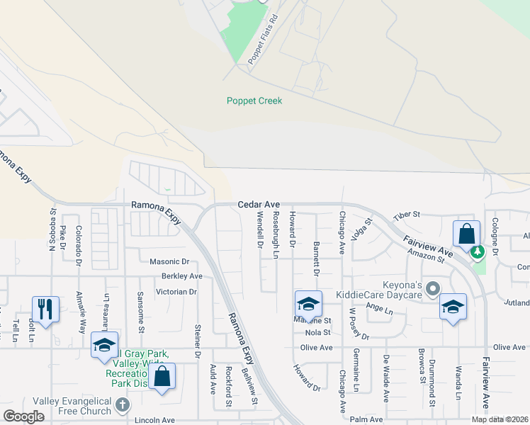 map of restaurants, bars, coffee shops, grocery stores, and more near 24770 Wendell Drive in Hemet