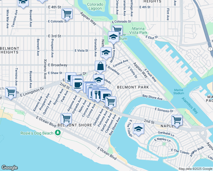 map of restaurants, bars, coffee shops, grocery stores, and more near 248 Covina Avenue in Long Beach