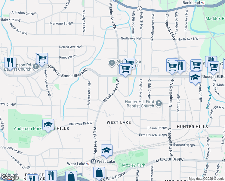 map of restaurants, bars, coffee shops, grocery stores, and more near 1685 Ezra Church Drive Northwest in Atlanta