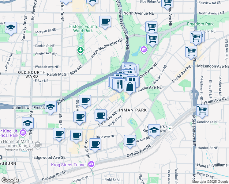 map of restaurants, bars, coffee shops, grocery stores, and more near 240 North Highland Avenue Northeast in Atlanta