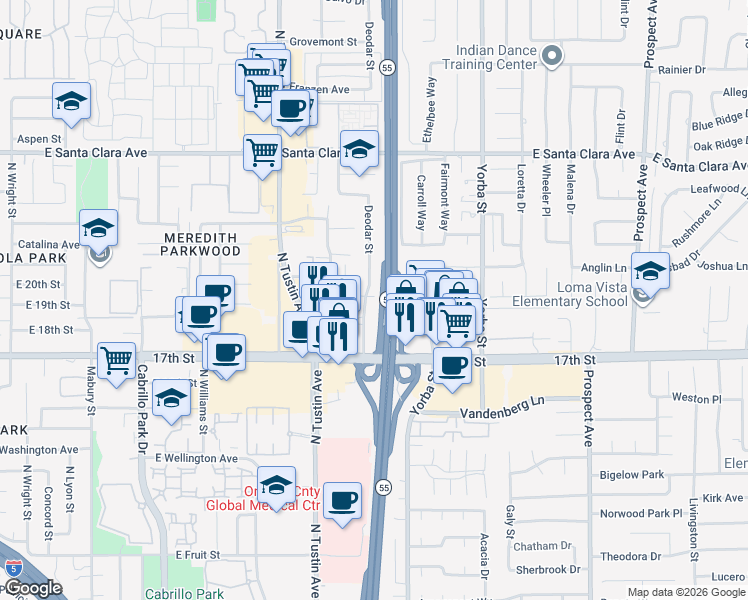 map of restaurants, bars, coffee shops, grocery stores, and more near 13832 Deodar Street in Santa Ana