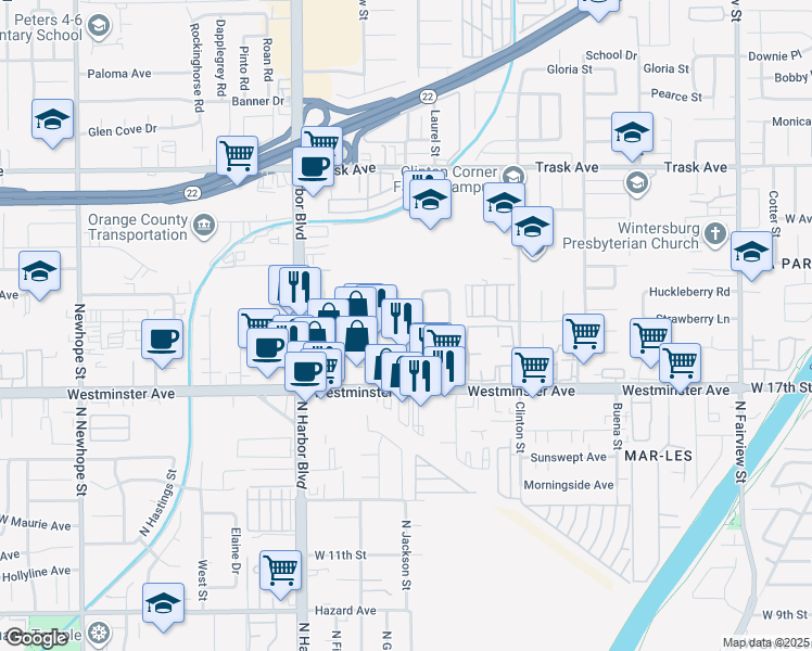 map of restaurants, bars, coffee shops, grocery stores, and more near 13821 Quatro Avenue in Garden Grove