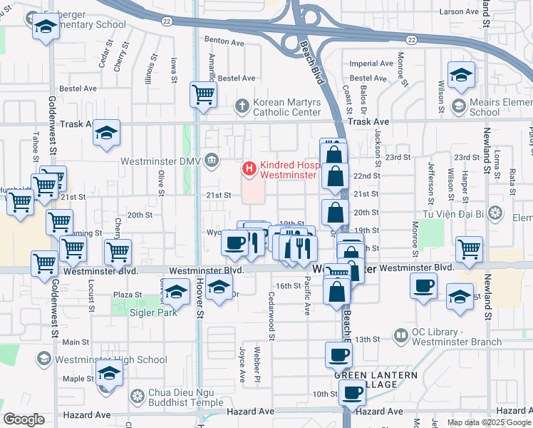 map of restaurants, bars, coffee shops, grocery stores, and more near 210 Hospital Circle in Westminster