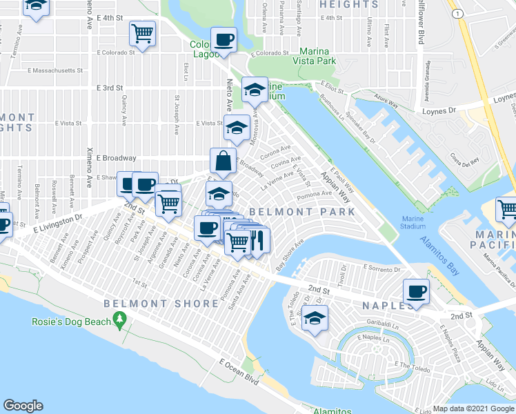 map of restaurants, bars, coffee shops, grocery stores, and more near 255 Glendora Avenue in Long Beach