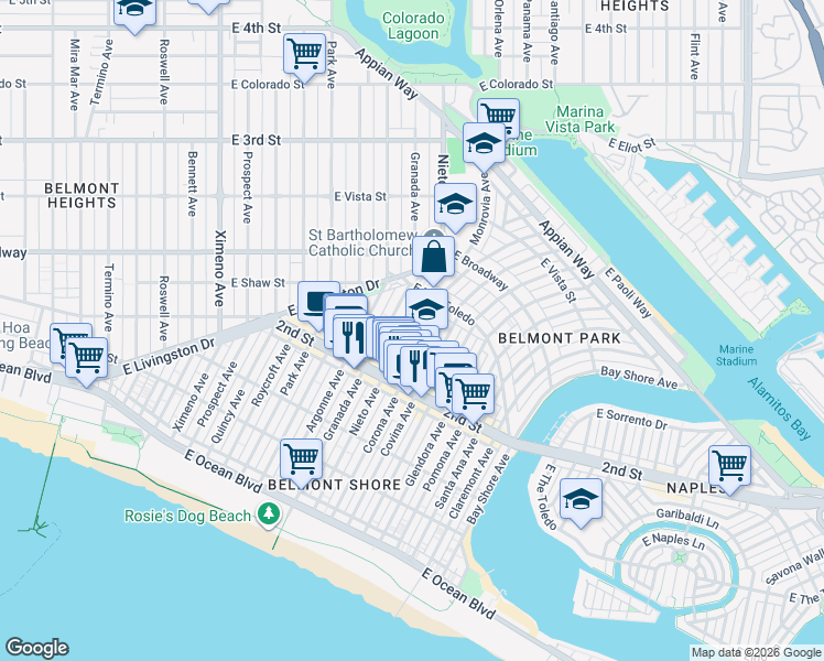 map of restaurants, bars, coffee shops, grocery stores, and more near in Long Beach