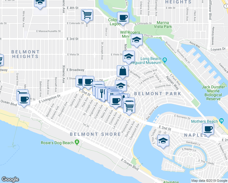 map of restaurants, bars, coffee shops, grocery stores, and more near 234 Nieto Avenue in Long Beach