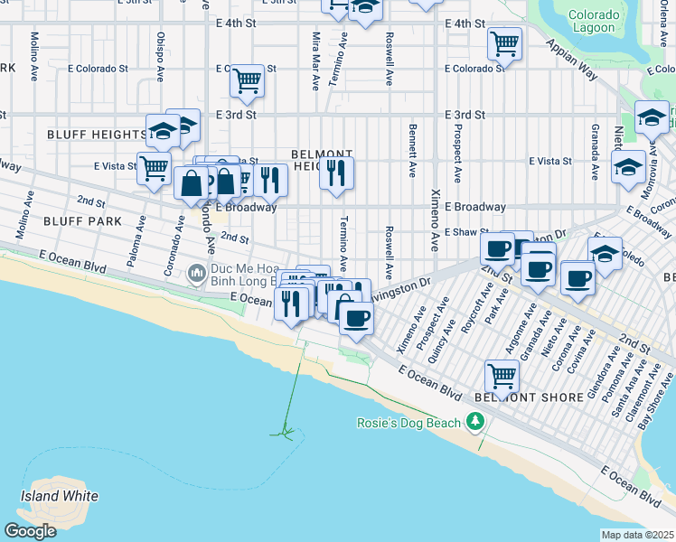 map of restaurants, bars, coffee shops, grocery stores, and more near 123 Termino Avenue in Long Beach