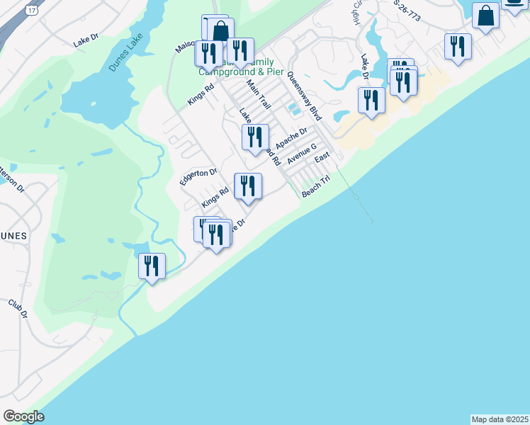 map of restaurants, bars, coffee shops, grocery stores, and more near 6500 Shore Drive in Myrtle Beach