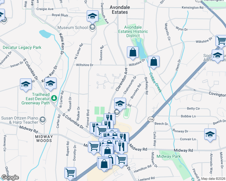 map of restaurants, bars, coffee shops, grocery stores, and more near 32 Chelsea Court in Avondale Estates