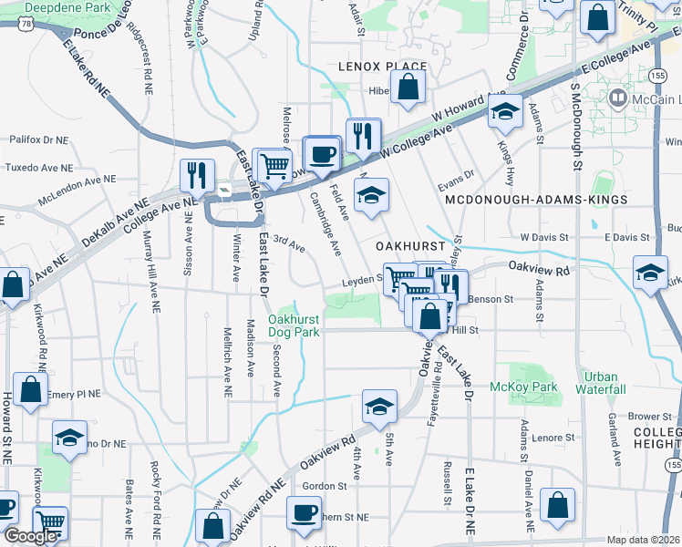 map of restaurants, bars, coffee shops, grocery stores, and more near 267 Cambridge Avenue in Decatur
