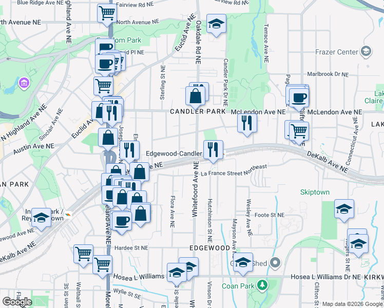 map of restaurants, bars, coffee shops, grocery stores, and more near 1386 DeKalb Avenue Northeast in Atlanta