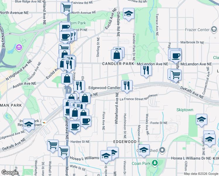 map of restaurants, bars, coffee shops, grocery stores, and more near 284 Ferguson Street Northeast in Atlanta